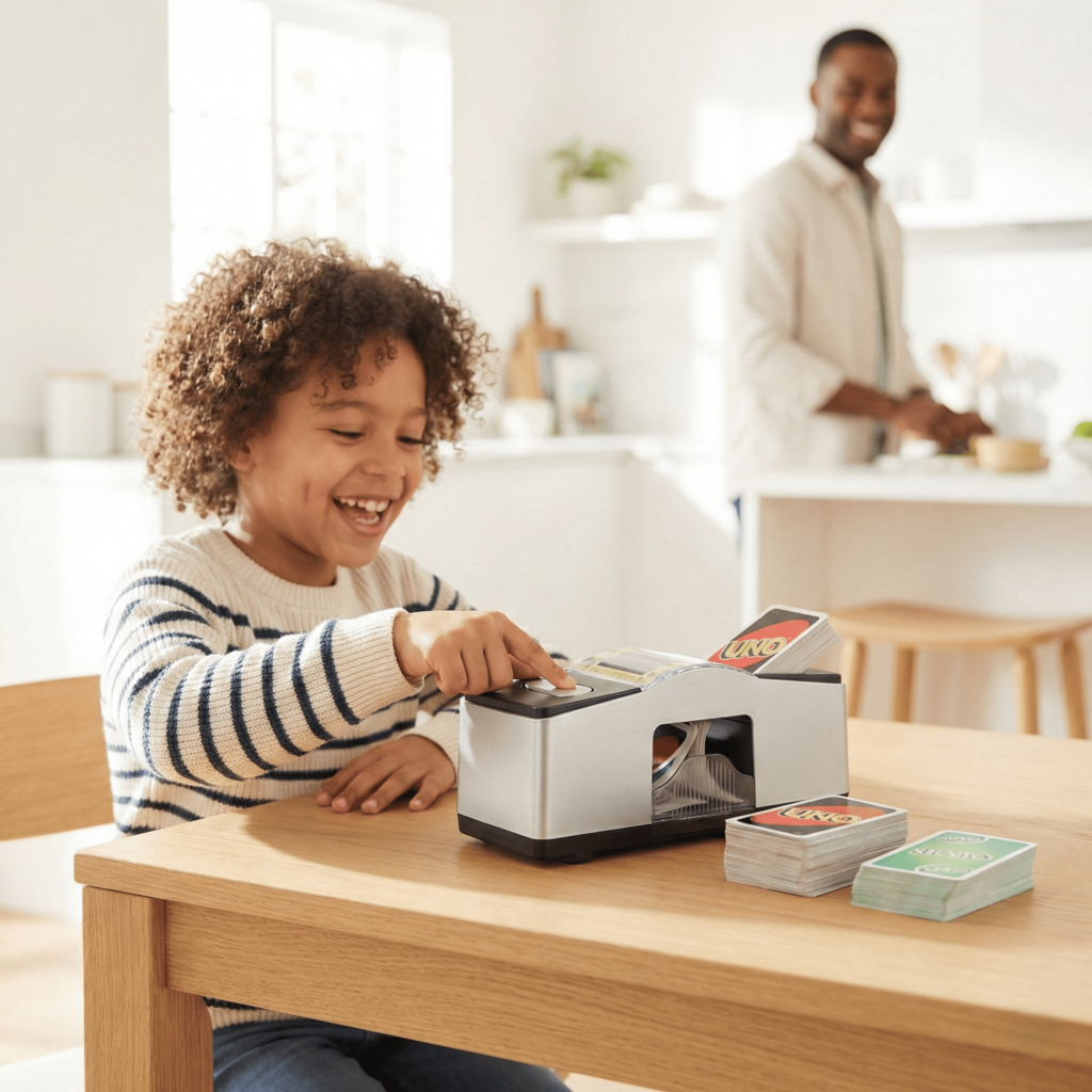 Enfant qui utilise un mélangeur de cartes