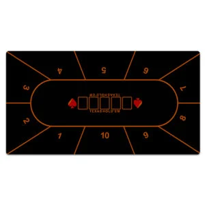 Tapis de poker Texas Hold'em 120 x 60 cm, fond noir et lignes orange, 10 places numérotées (motif vendu)