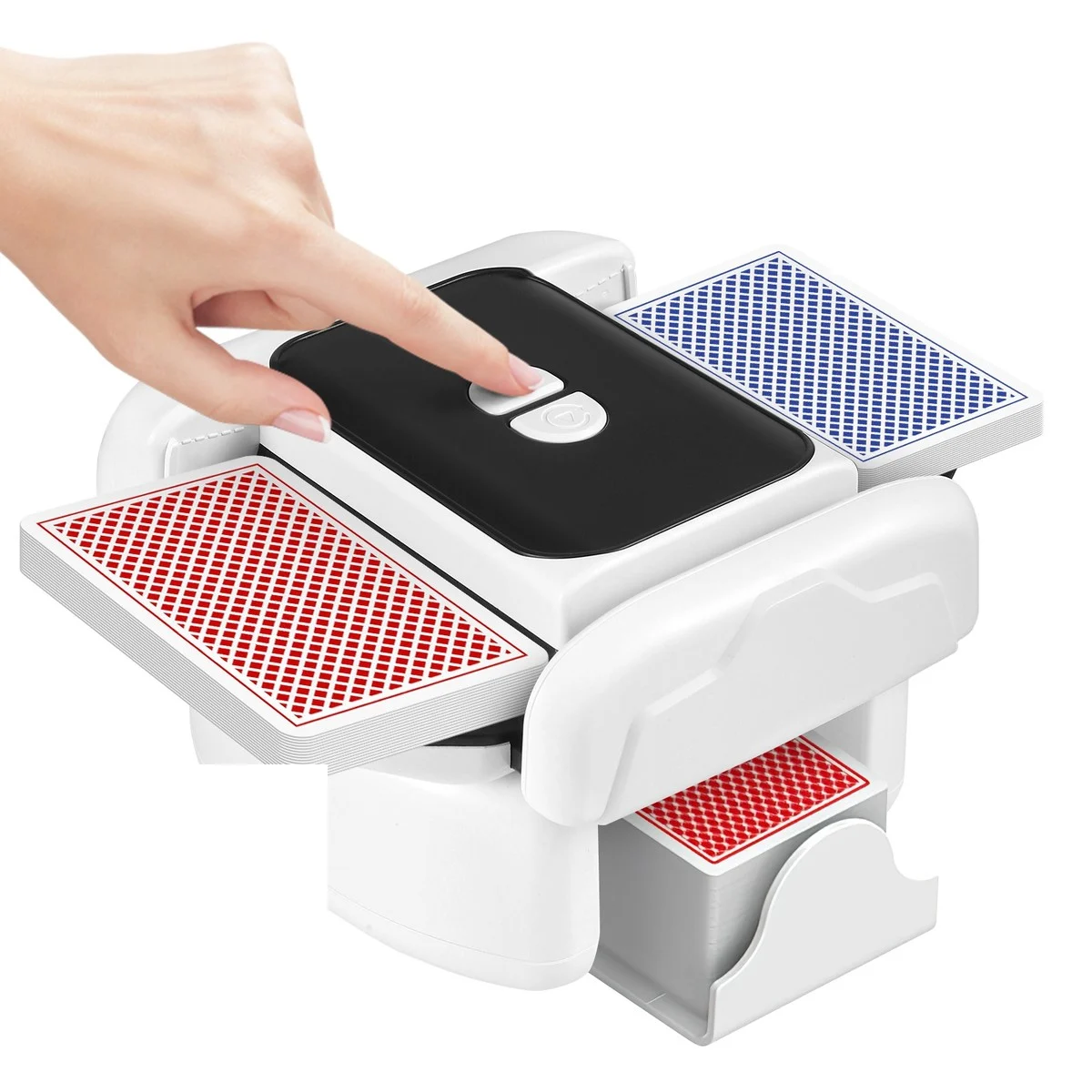 Mélangeur de cartes rechargeable, 2 jeux, USB-C, chargé de deux jeux, un doigt sur le bouton de mélange (photo du fabricant)